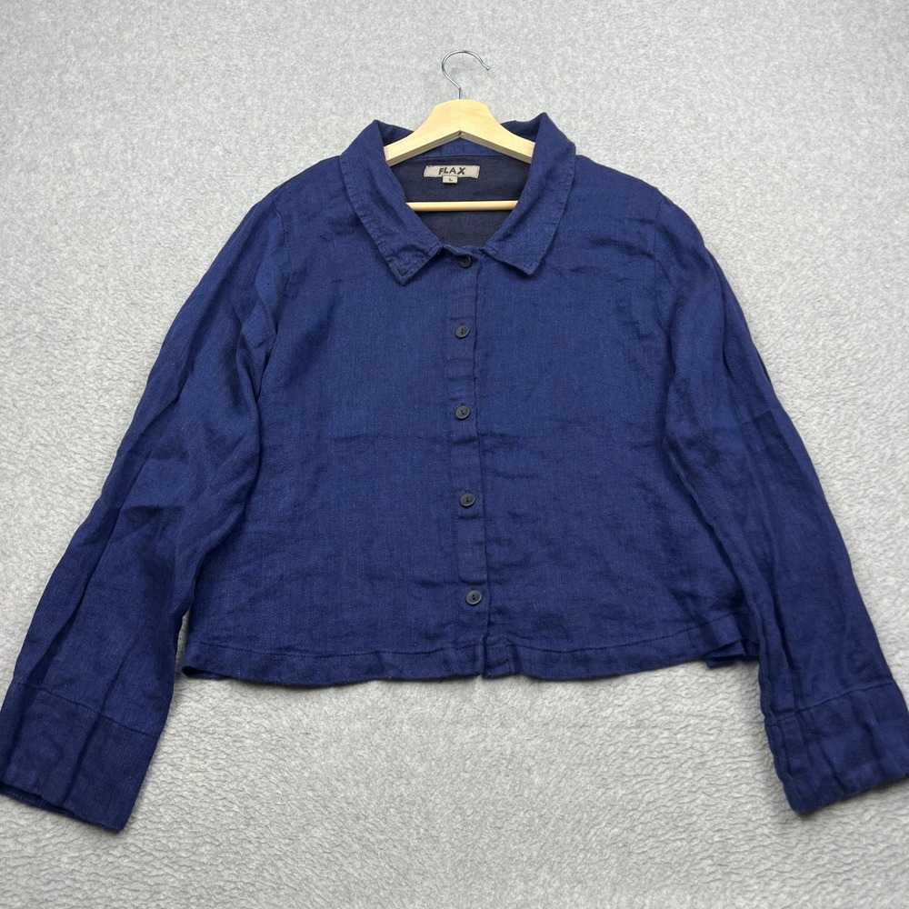 FLAX Button Up Womens Large Blue 100% Linen Cropped Boxy Boho Long Sleeve Shirt